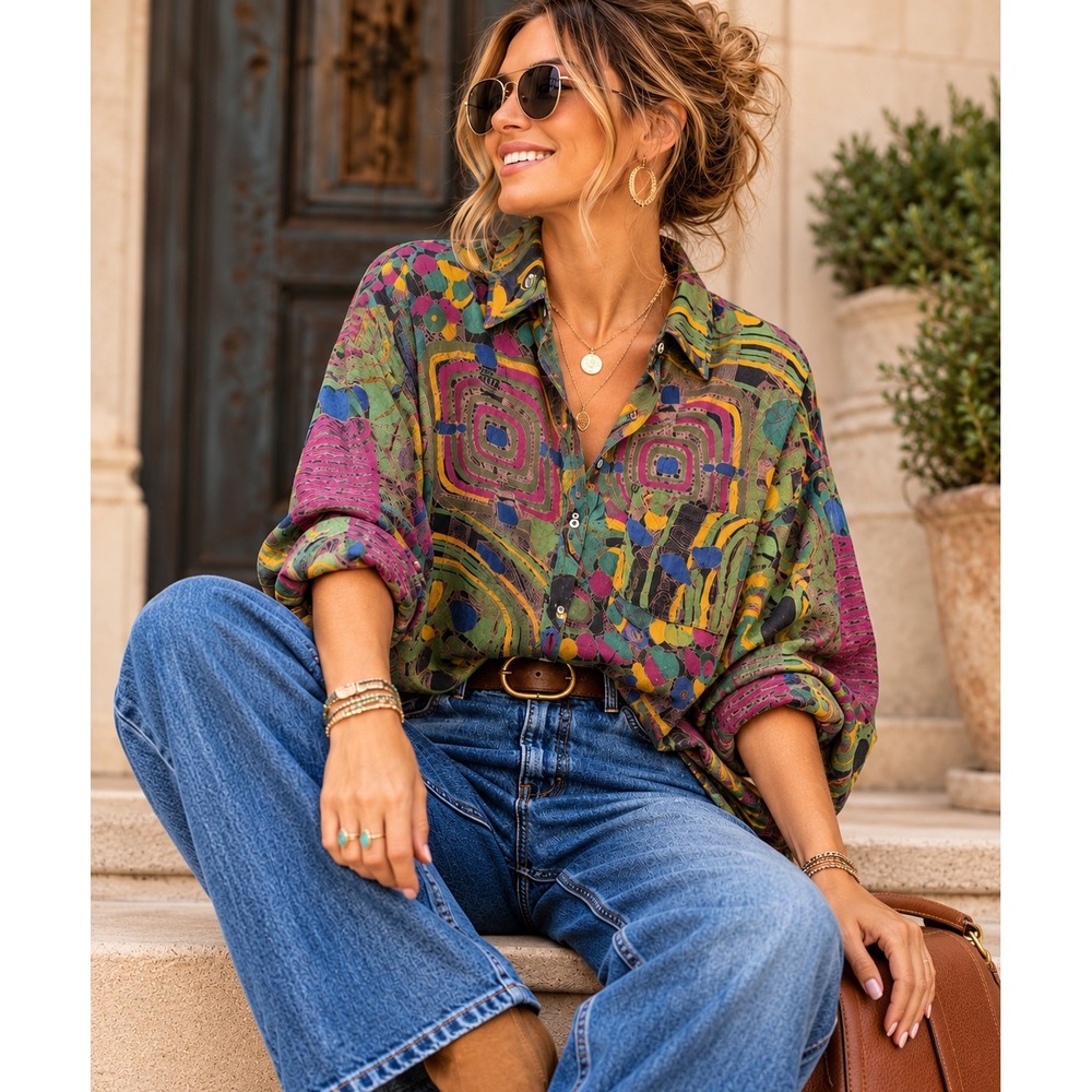 Artsy Lagenlook Oversized Abstract Geometric Boho Button Shirt Festival Sz L